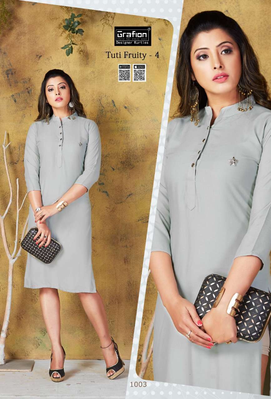 TUTY FRUITY VOL-4 BY GRAFION 1001 TO 1010 SERIES BEAUTIFUL COLORFUL STYLISH FANCY CASUAL WEAR & ETHNIC WEAR & READY TO WEAR HEAVY RAYON KURTIS AT WHOLESALE PRICE