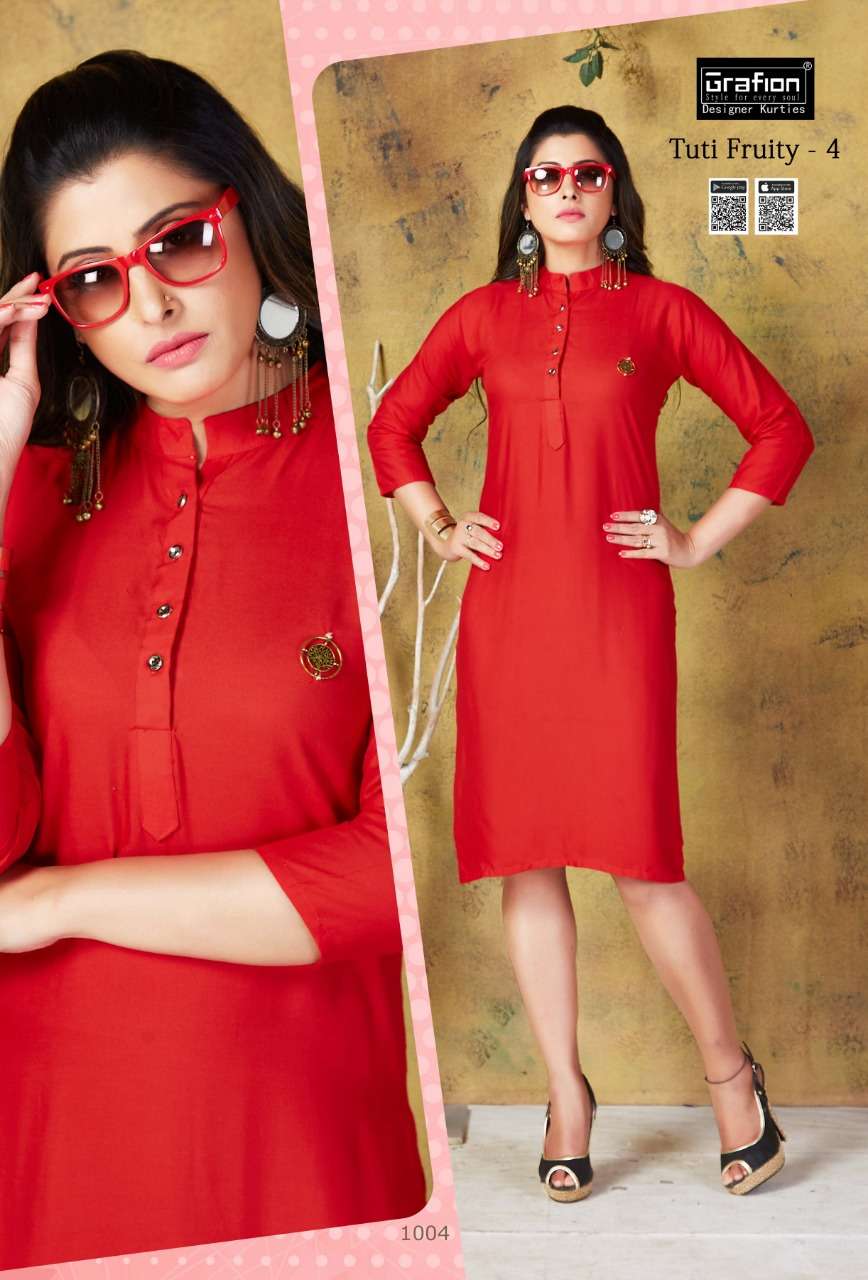 TUTY FRUITY VOL-4 BY GRAFION 1001 TO 1010 SERIES BEAUTIFUL COLORFUL STYLISH FANCY CASUAL WEAR & ETHNIC WEAR & READY TO WEAR HEAVY RAYON KURTIS AT WHOLESALE PRICE