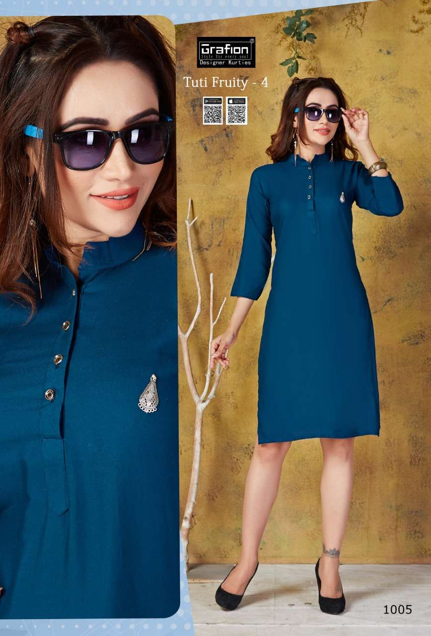 TUTY FRUITY VOL-4 BY GRAFION 1001 TO 1010 SERIES BEAUTIFUL COLORFUL STYLISH FANCY CASUAL WEAR & ETHNIC WEAR & READY TO WEAR HEAVY RAYON KURTIS AT WHOLESALE PRICE