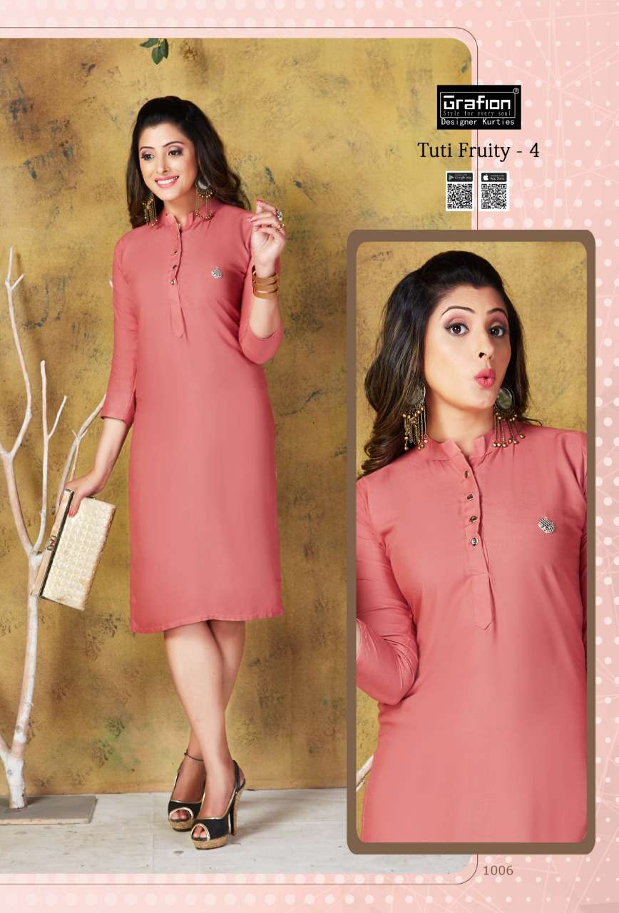 TUTY FRUITY VOL-4 BY GRAFION 1001 TO 1010 SERIES BEAUTIFUL COLORFUL STYLISH FANCY CASUAL WEAR & ETHNIC WEAR & READY TO WEAR HEAVY RAYON KURTIS AT WHOLESALE PRICE