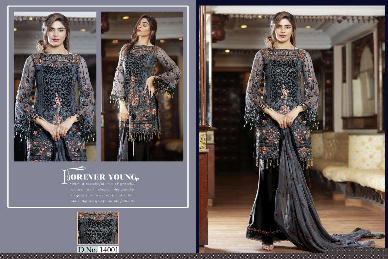 SHAKINA BY CYRA FASHION 14001 TO 14004 SERIES BY DESIGNER PAKISTANI SUITS COLLECTION BEAUTIFUL STYLISH FANCY COLORFUL PARTY WEAR & OCCASIONAL WEAR FAUX GEORGETTE WITH EMBROIDERY DRESSES AT WHOLESALE PRICE