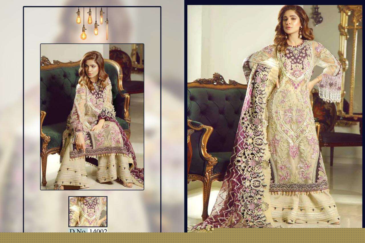 SHAKINA BY CYRA FASHION 14001 TO 14004 SERIES BY DESIGNER PAKISTANI SUITS COLLECTION BEAUTIFUL STYLISH FANCY COLORFUL PARTY WEAR & OCCASIONAL WEAR FAUX GEORGETTE WITH EMBROIDERY DRESSES AT WHOLESALE PRICE