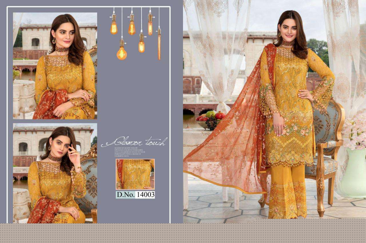 SHAKINA BY CYRA FASHION 14001 TO 14004 SERIES BY DESIGNER PAKISTANI SUITS COLLECTION BEAUTIFUL STYLISH FANCY COLORFUL PARTY WEAR & OCCASIONAL WEAR FAUX GEORGETTE WITH EMBROIDERY DRESSES AT WHOLESALE PRICE