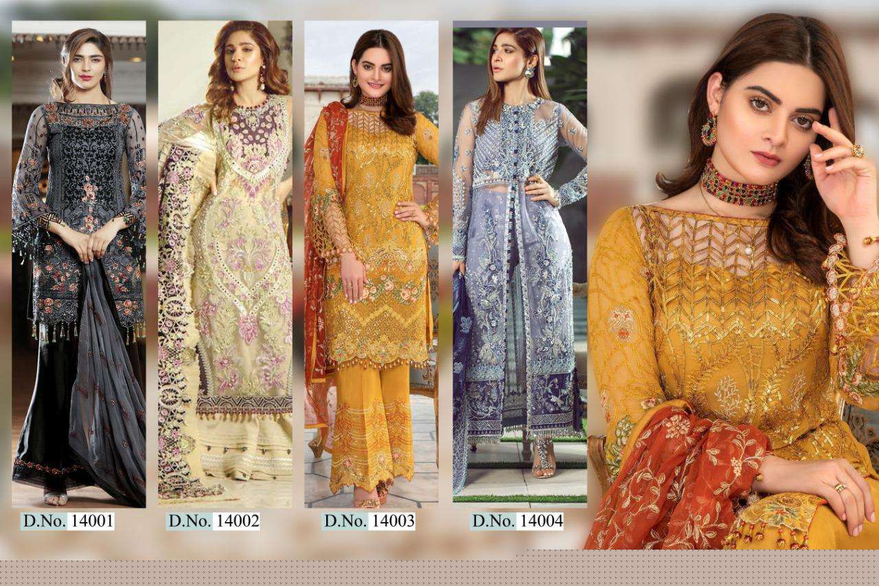 SHAKINA BY CYRA FASHION 14001 TO 14004 SERIES BY DESIGNER PAKISTANI SUITS COLLECTION BEAUTIFUL STYLISH FANCY COLORFUL PARTY WEAR & OCCASIONAL WEAR FAUX GEORGETTE WITH EMBROIDERY DRESSES AT WHOLESALE PRICE