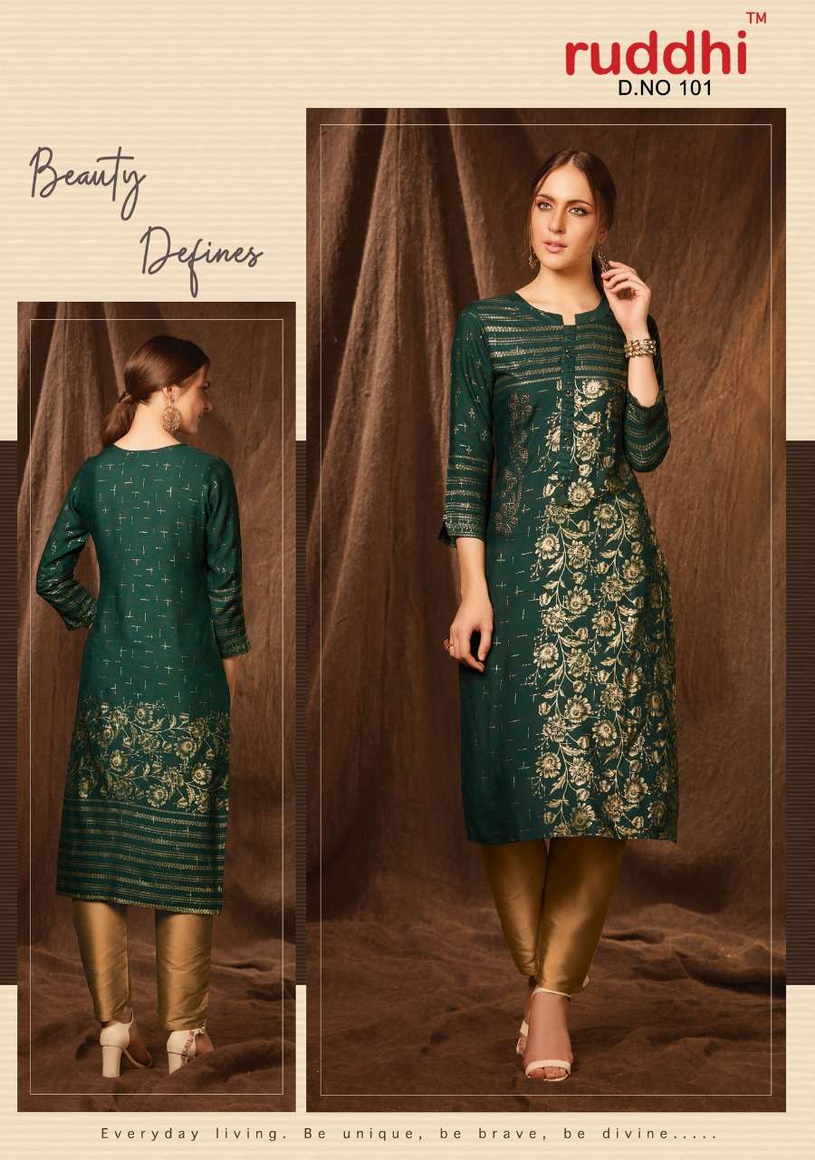 GRACE VOL-2 BY RUDDHI DRESSLINE 101 TO 108 SERIES BEAUTIFUL STYLISH FANCY COLORFUL CASUAL WEAR & ETHNIC WEAR & READY TO WEAR PURE RAYON FOIL KURTIS WITH BOTTOM AT WHOLESALE PRICE