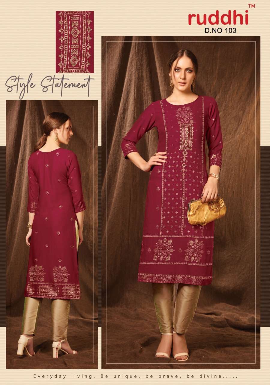 GRACE VOL-2 BY RUDDHI DRESSLINE 101 TO 108 SERIES BEAUTIFUL STYLISH FANCY COLORFUL CASUAL WEAR & ETHNIC WEAR & READY TO WEAR PURE RAYON FOIL KURTIS WITH BOTTOM AT WHOLESALE PRICE
