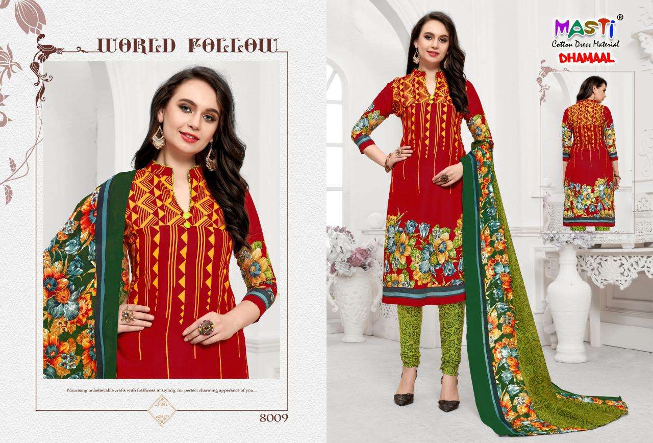 DHAMAAL VOL-8 BY MASTI 8001 TO 8010 SERIES BEAUTIFUL SUITS STYLISH COLORFUL FANCY CASUAL WEAR & ETHNIC WEAR COTTON PRINTED DRESSES AT WHOLESALE PRICE