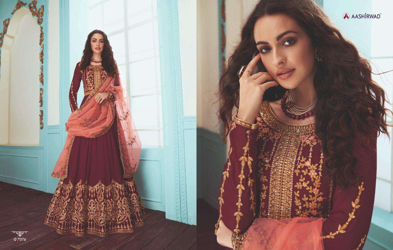 KARISHMA BY AASHIRWAD CREATION 7076 TO 7081 SERIES DESIGNER ANARKALI SUITS COLLECTION BEAUTIFUL STYLISH COLORFUL PARTY WEAR & OCCASIONAL WEAR REAL GEORGETTE EMBROIDERED DRESSES AT WHOLESALE PRICE