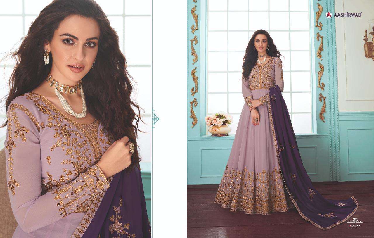 KARISHMA BY AASHIRWAD CREATION 7076 TO 7081 SERIES DESIGNER ANARKALI SUITS COLLECTION BEAUTIFUL STYLISH COLORFUL PARTY WEAR & OCCASIONAL WEAR REAL GEORGETTE EMBROIDERED DRESSES AT WHOLESALE PRICE