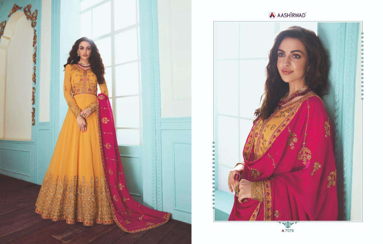 KARISHMA BY AASHIRWAD CREATION 7076 TO 7081 SERIES DESIGNER ANARKALI SUITS COLLECTION BEAUTIFUL STYLISH COLORFUL PARTY WEAR & OCCASIONAL WEAR REAL GEORGETTE EMBROIDERED DRESSES AT WHOLESALE PRICE