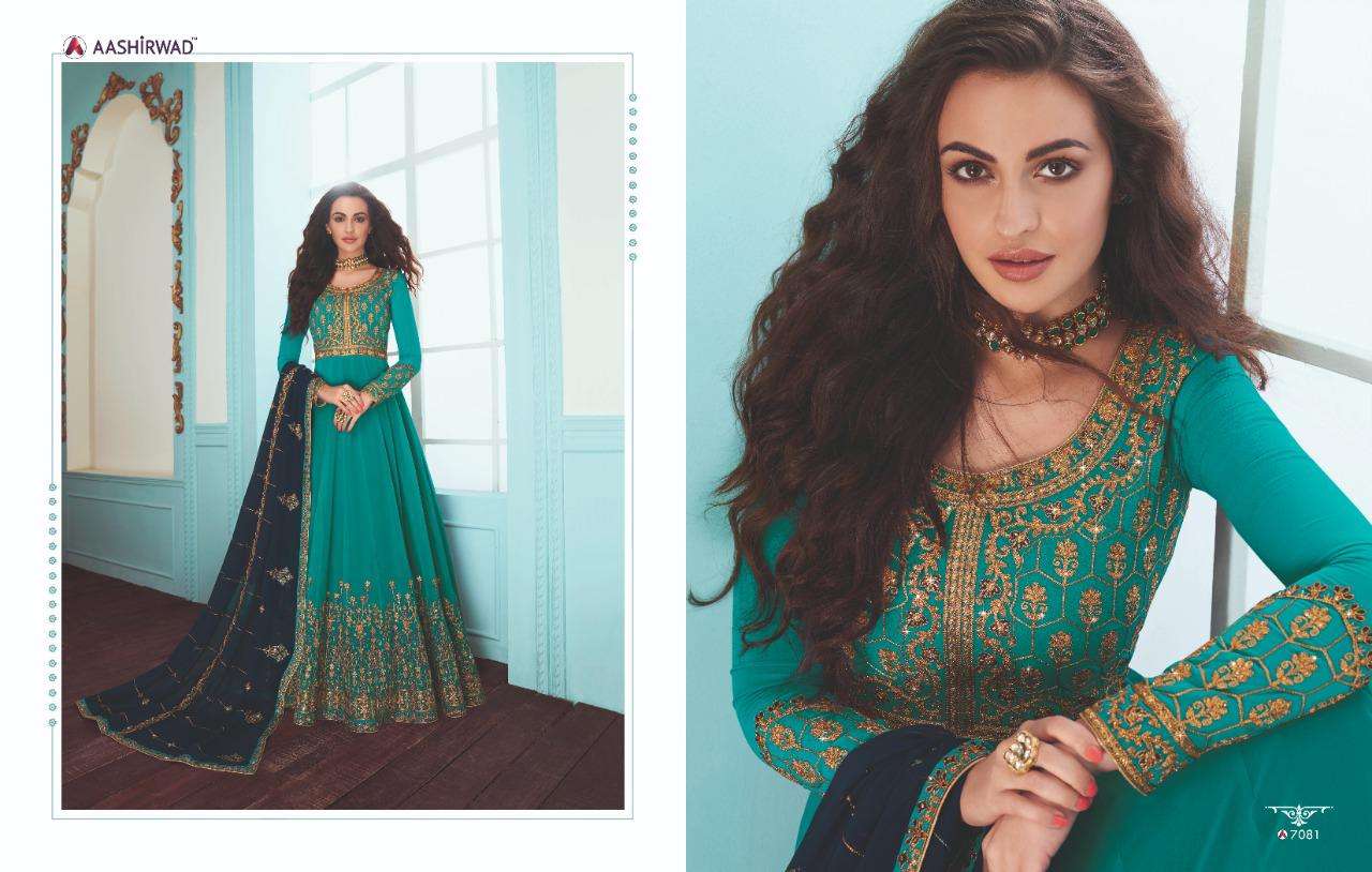 KARISHMA BY AASHIRWAD CREATION 7076 TO 7081 SERIES DESIGNER ANARKALI SUITS COLLECTION BEAUTIFUL STYLISH COLORFUL PARTY WEAR & OCCASIONAL WEAR REAL GEORGETTE EMBROIDERED DRESSES AT WHOLESALE PRICE