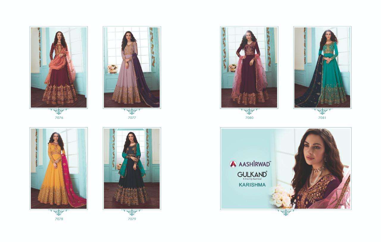 KARISHMA BY AASHIRWAD CREATION 7076 TO 7081 SERIES DESIGNER ANARKALI SUITS COLLECTION BEAUTIFUL STYLISH COLORFUL PARTY WEAR & OCCASIONAL WEAR REAL GEORGETTE EMBROIDERED DRESSES AT WHOLESALE PRICE
