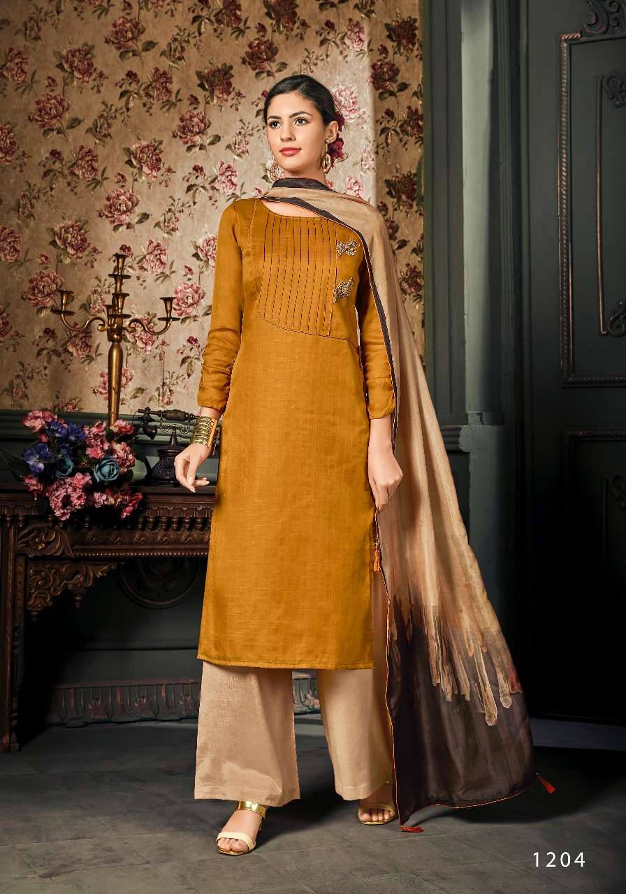 VOGUE BY FEMINISTA 1201 TO 1207 SERIES DESIGNER FESTIVE SUITS COLLECTION BEAUTIFUL STYLISH FANCY COLORFUL PARTY WEAR & OCCASIONAL WEAR ART SILK HANDWORK DRESSES AT WHOLESALE PRICE
