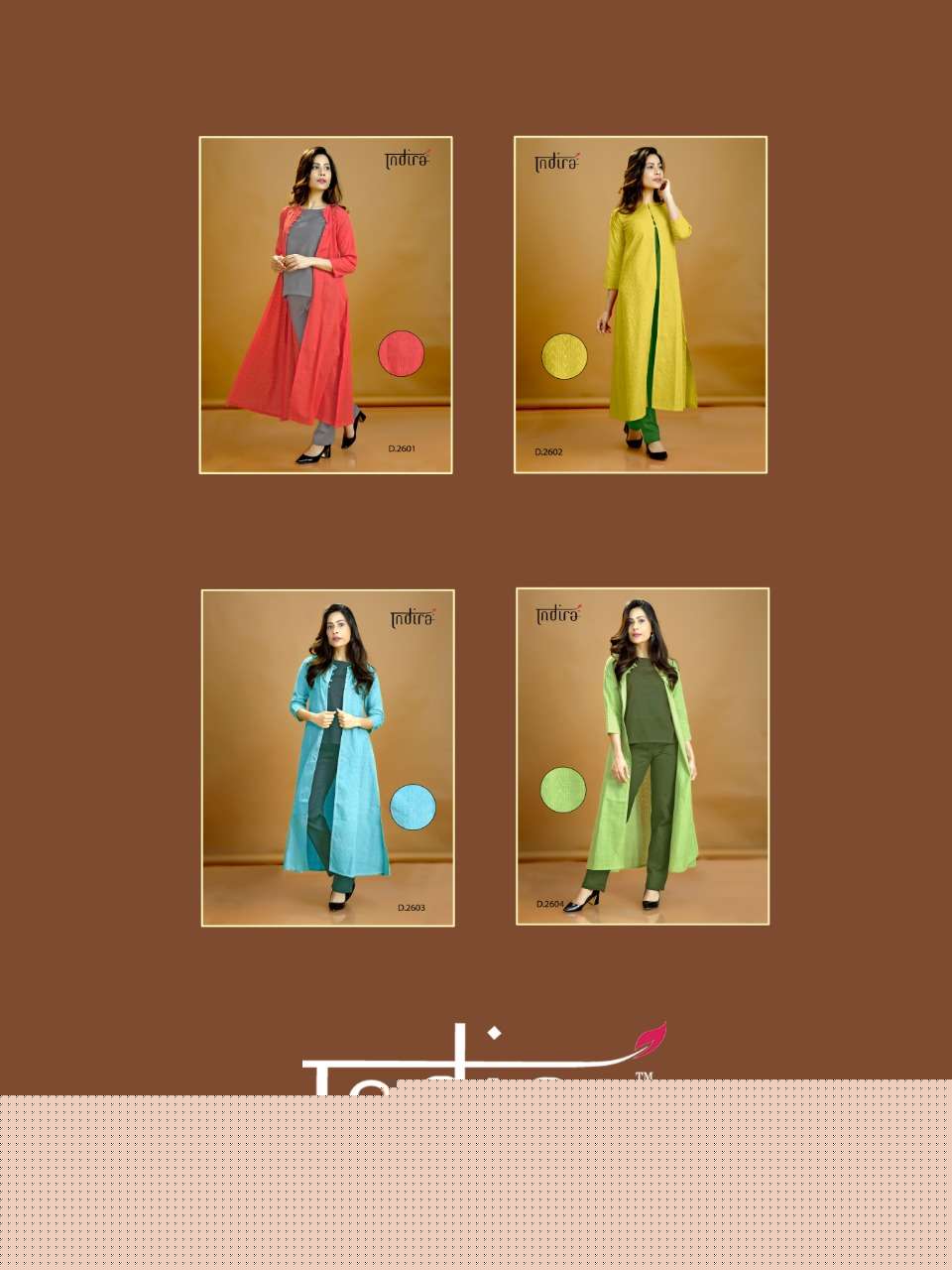 HIM VARSHA BY INDIRA 2601 TO 2604 SERIES BEAUTIFUL STYLISH FANCY COLORFUL CASUAL WEAR & ETHNIC WEAR & READY TO WEAR COTTON FLEX KURTIS WITH BOTTOM & JACKETS AT WHOLESALE PRICE