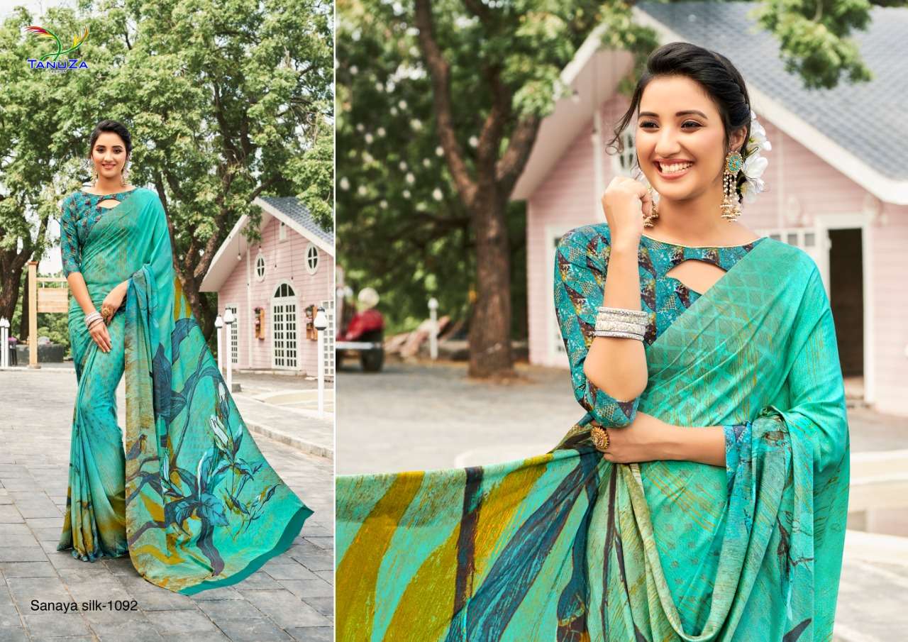 SANAYA SILK BY TANUZA FASHION 1088 TO 1098 SERIES INDIAN TRADITIONAL WEAR COLLECTION BEAUTIFUL STYLISH FANCY COLORFUL PARTY WEAR & OCCASIONAL WEAR PURE CREPE DIGITAL PRINTED SAREES AT WHOLESALE PRICE