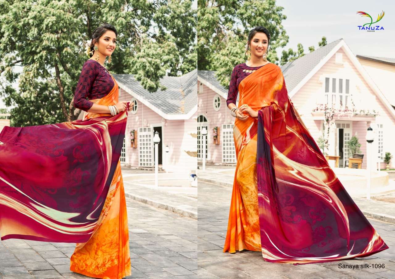 SANAYA SILK BY TANUZA FASHION 1088 TO 1098 SERIES INDIAN TRADITIONAL WEAR COLLECTION BEAUTIFUL STYLISH FANCY COLORFUL PARTY WEAR & OCCASIONAL WEAR PURE CREPE DIGITAL PRINTED SAREES AT WHOLESALE PRICE