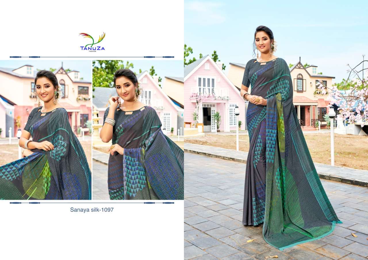 SANAYA SILK BY TANUZA FASHION 1088 TO 1098 SERIES INDIAN TRADITIONAL WEAR COLLECTION BEAUTIFUL STYLISH FANCY COLORFUL PARTY WEAR & OCCASIONAL WEAR PURE CREPE DIGITAL PRINTED SAREES AT WHOLESALE PRICE