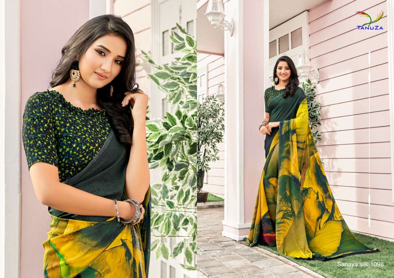 SANAYA SILK BY TANUZA FASHION 1088 TO 1098 SERIES INDIAN TRADITIONAL WEAR COLLECTION BEAUTIFUL STYLISH FANCY COLORFUL PARTY WEAR & OCCASIONAL WEAR PURE CREPE DIGITAL PRINTED SAREES AT WHOLESALE PRICE