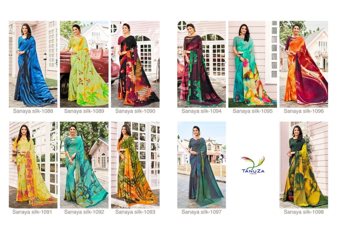 SANAYA SILK BY TANUZA FASHION 1088 TO 1098 SERIES INDIAN TRADITIONAL WEAR COLLECTION BEAUTIFUL STYLISH FANCY COLORFUL PARTY WEAR & OCCASIONAL WEAR PURE CREPE DIGITAL PRINTED SAREES AT WHOLESALE PRICE