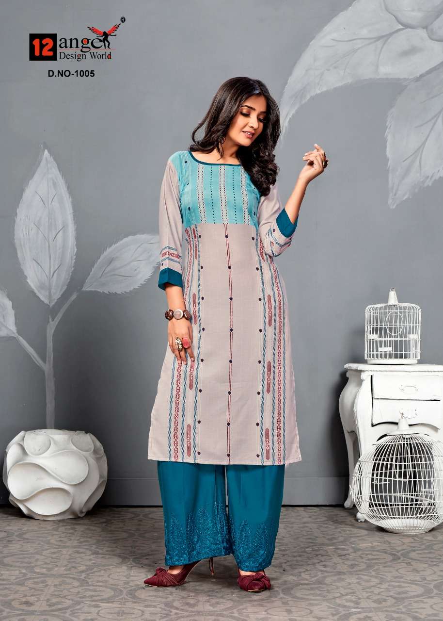 MARIN VOL-2 BY 12 ANGEL 1001 TO 1008 SERIES STYLISH FANCY COLORFUL COLLECTION CASUAL WEAR & ETHNIC WEAR PURE RAYON DIGITAL PRINTED KURTIS WITH BOTTOM AT WHOLESALE PRICE