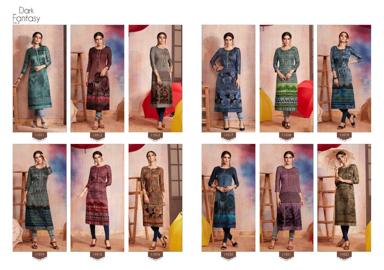 DARK FANTASY VOL-6 BY KAJREE FASHION 11011 TO 11022 SERIES BEAUTIFUL COLORFUL STYLISH FANCY CASUAL WEAR & READY TO WEAR RANGOLI PRINTED WITH SANTOON INNER KURTIS AT WHOLESALE PRICE