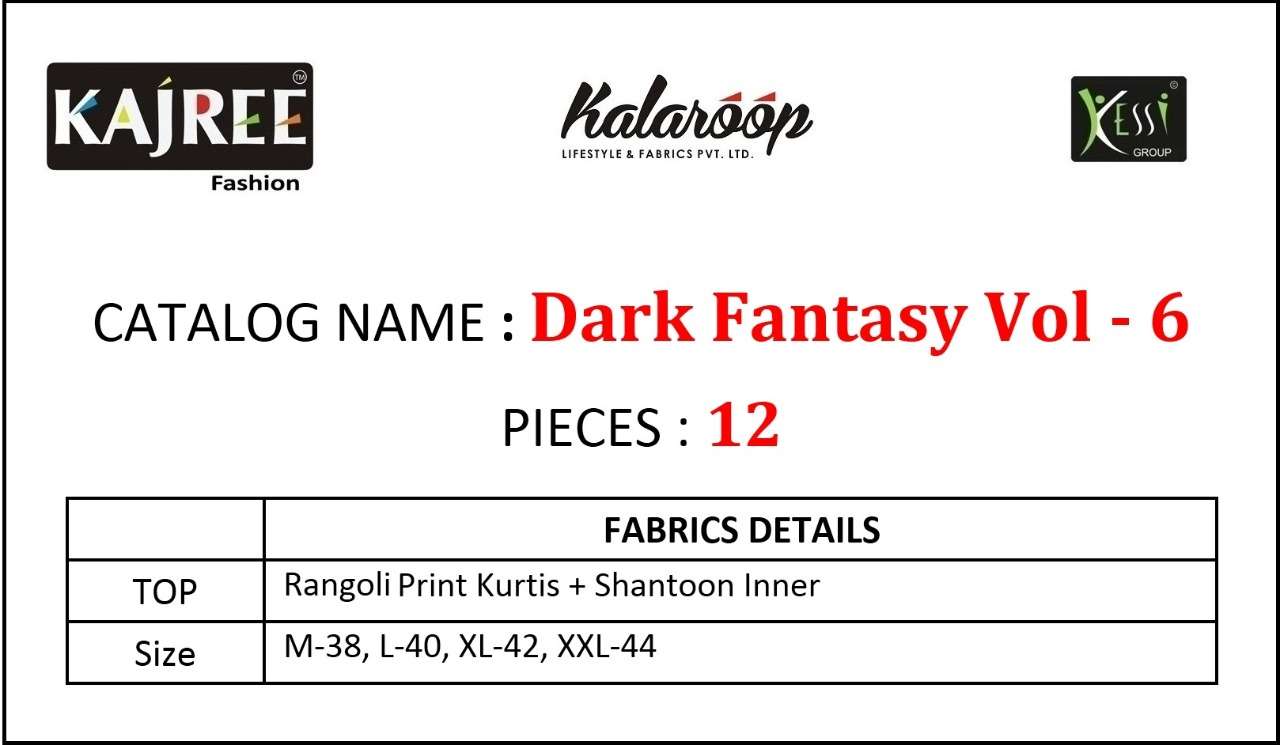 DARK FANTASY VOL-6 BY KAJREE FASHION 11011 TO 11022 SERIES BEAUTIFUL COLORFUL STYLISH FANCY CASUAL WEAR & READY TO WEAR RANGOLI PRINTED WITH SANTOON INNER KURTIS AT WHOLESALE PRICE