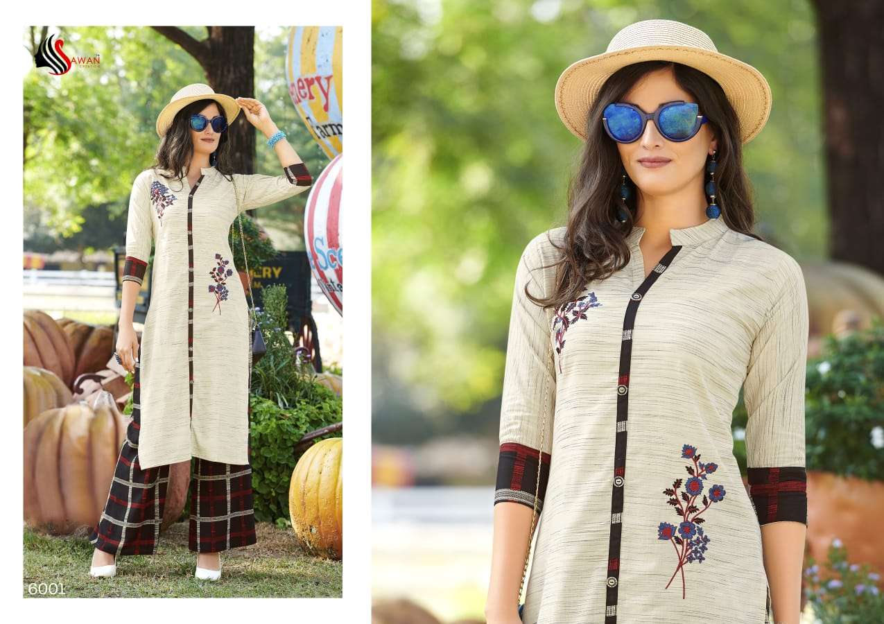 DANI VOL-6 BY SAWAN CREATION 6001 TO 6008 SERIES STYLISH FANCY COLORFUL COLLECTION CASUAL WEAR & ETHNIC WEAR PURE RAYON/LINEN EMBROIDERED KURTIS WITH BOTTOM AT WHOLESALE PRICE