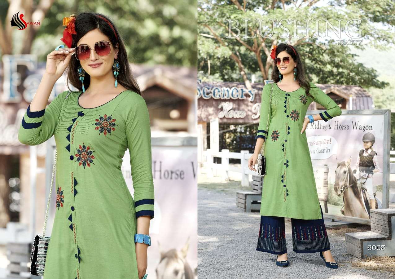 DANI VOL-6 BY SAWAN CREATION 6001 TO 6008 SERIES STYLISH FANCY COLORFUL COLLECTION CASUAL WEAR & ETHNIC WEAR PURE RAYON/LINEN EMBROIDERED KURTIS WITH BOTTOM AT WHOLESALE PRICE