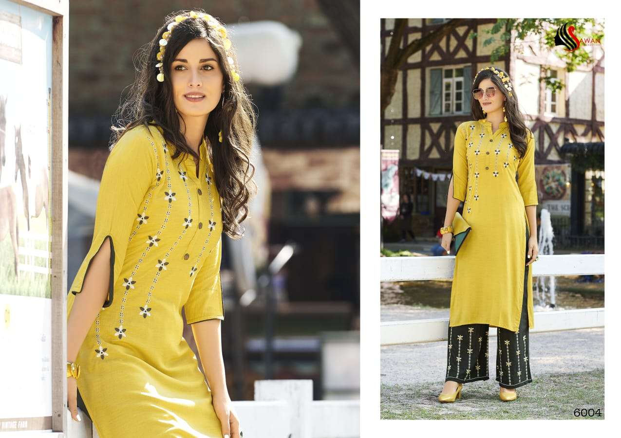 DANI VOL-6 BY SAWAN CREATION 6001 TO 6008 SERIES STYLISH FANCY COLORFUL COLLECTION CASUAL WEAR & ETHNIC WEAR PURE RAYON/LINEN EMBROIDERED KURTIS WITH BOTTOM AT WHOLESALE PRICE