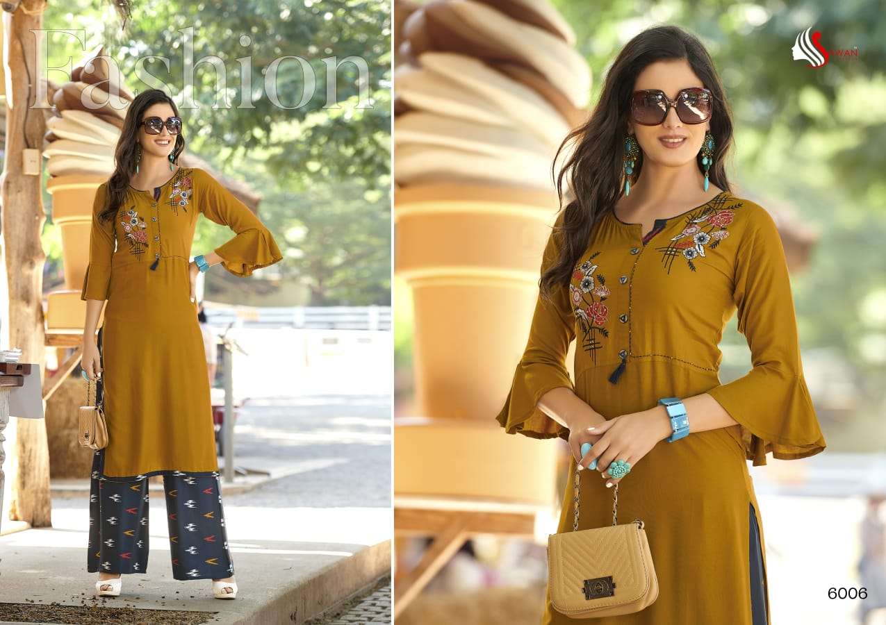 DANI VOL-6 BY SAWAN CREATION 6001 TO 6008 SERIES STYLISH FANCY COLORFUL COLLECTION CASUAL WEAR & ETHNIC WEAR PURE RAYON/LINEN EMBROIDERED KURTIS WITH BOTTOM AT WHOLESALE PRICE