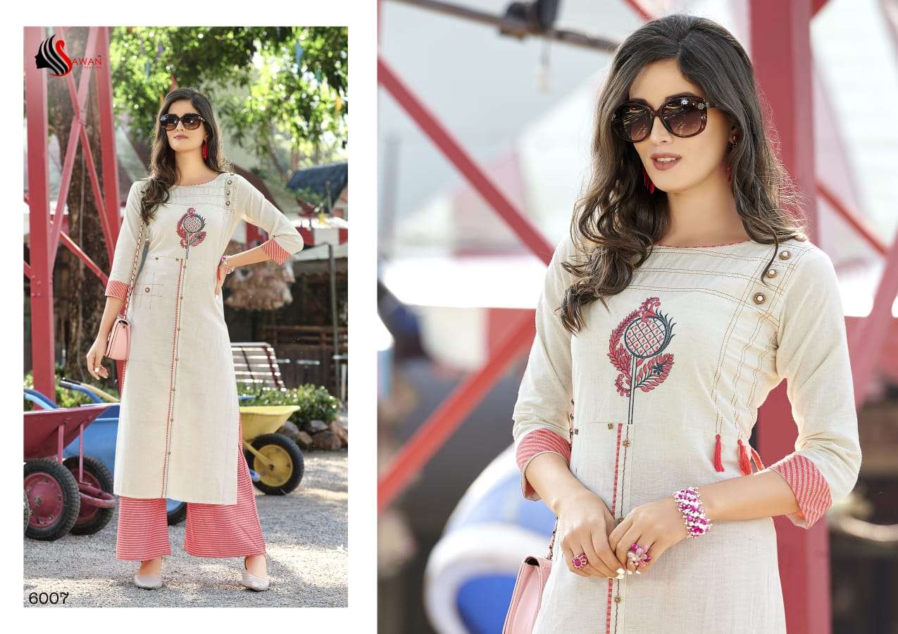 DANI VOL-6 BY SAWAN CREATION 6001 TO 6008 SERIES STYLISH FANCY COLORFUL COLLECTION CASUAL WEAR & ETHNIC WEAR PURE RAYON/LINEN EMBROIDERED KURTIS WITH BOTTOM AT WHOLESALE PRICE
