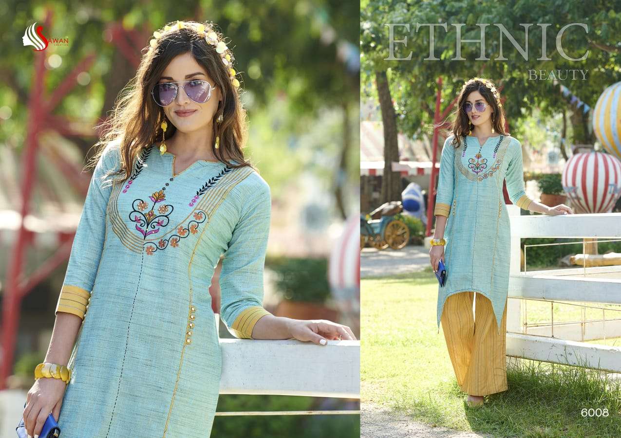 DANI VOL-6 BY SAWAN CREATION 6001 TO 6008 SERIES STYLISH FANCY COLORFUL COLLECTION CASUAL WEAR & ETHNIC WEAR PURE RAYON/LINEN EMBROIDERED KURTIS WITH BOTTOM AT WHOLESALE PRICE