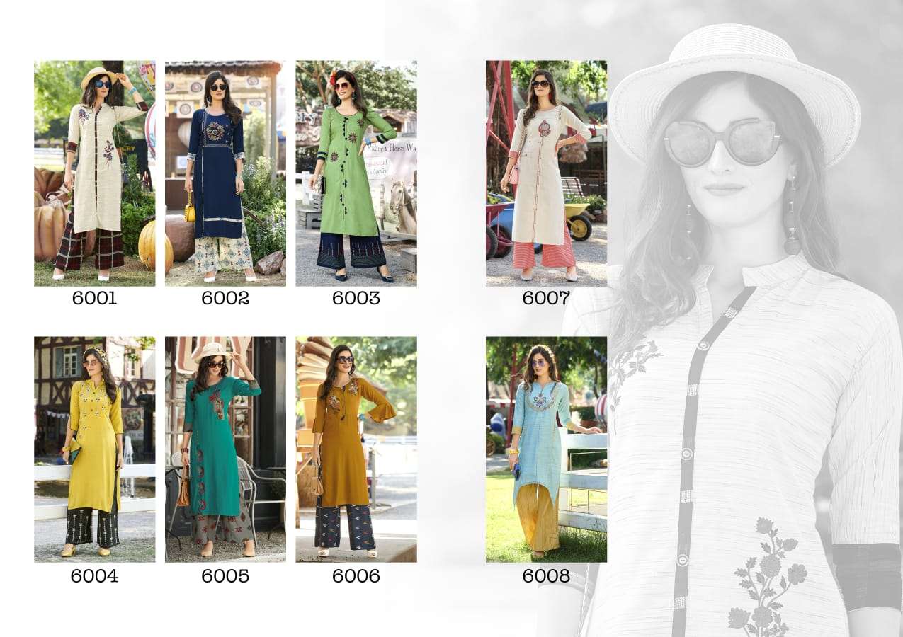 DANI VOL-6 BY SAWAN CREATION 6001 TO 6008 SERIES STYLISH FANCY COLORFUL COLLECTION CASUAL WEAR & ETHNIC WEAR PURE RAYON/LINEN EMBROIDERED KURTIS WITH BOTTOM AT WHOLESALE PRICE