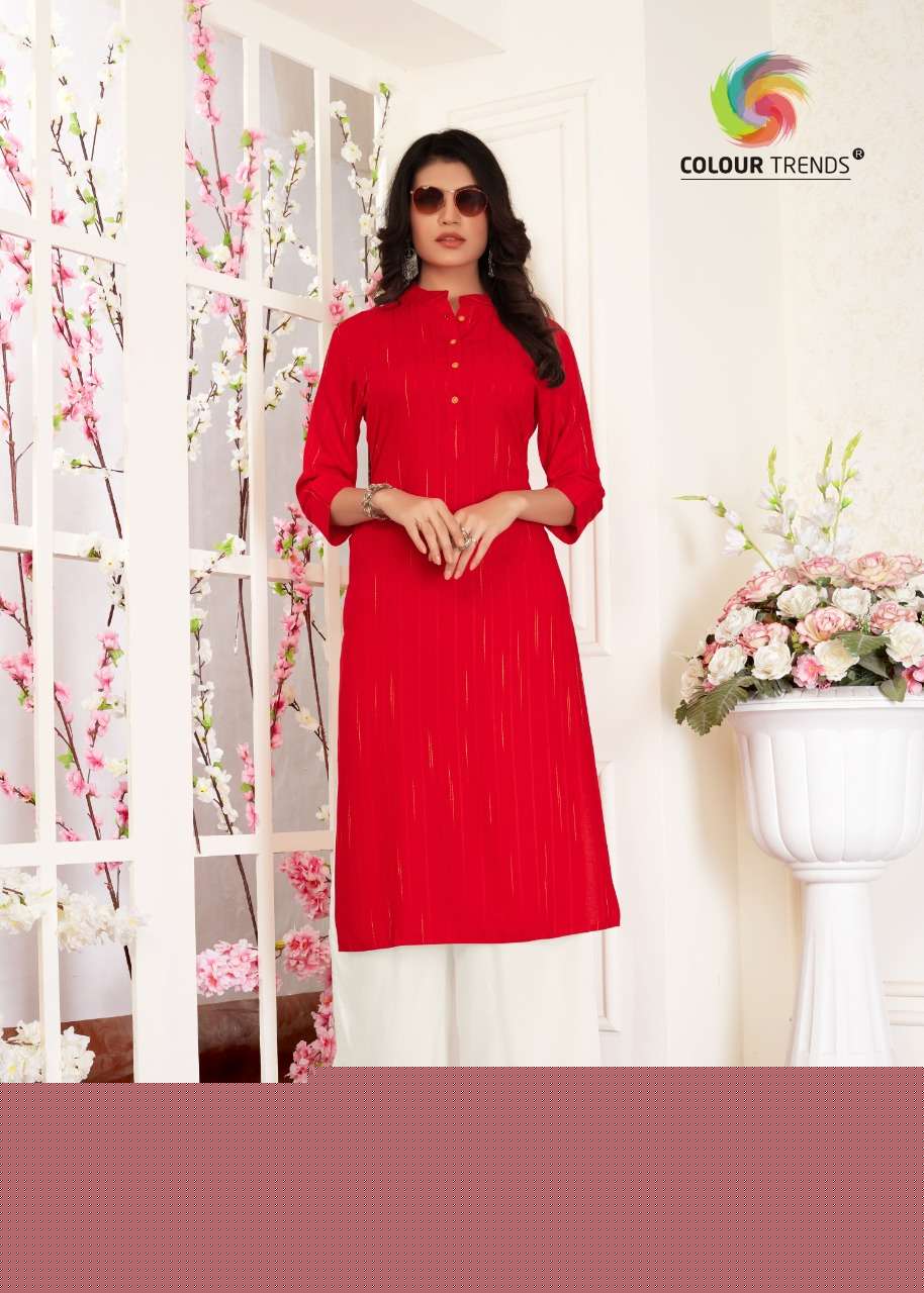 HASHTAG VOL-3 BY COLOUR TRENDS 101 TO 106 SERIES STYLISH FANCY COLORFUL COLLECTION CASUAL WEAR & ETHNIC WEAR DOBBY RAYON SLUB KURTIS WITH BOTTOM AT WHOLESALE PRICE