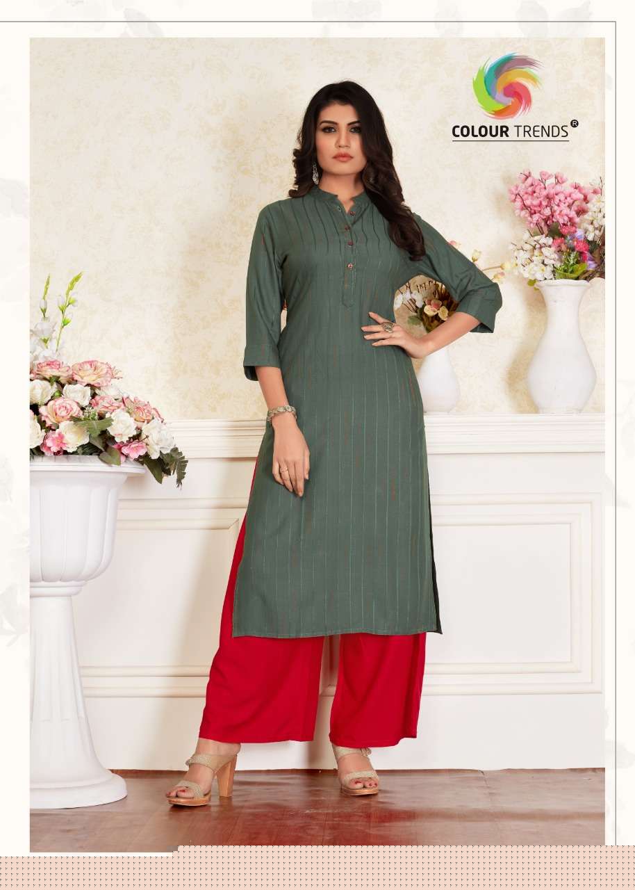 HASHTAG VOL-3 BY COLOUR TRENDS 101 TO 106 SERIES STYLISH FANCY COLORFUL COLLECTION CASUAL WEAR & ETHNIC WEAR DOBBY RAYON SLUB KURTIS WITH BOTTOM AT WHOLESALE PRICE