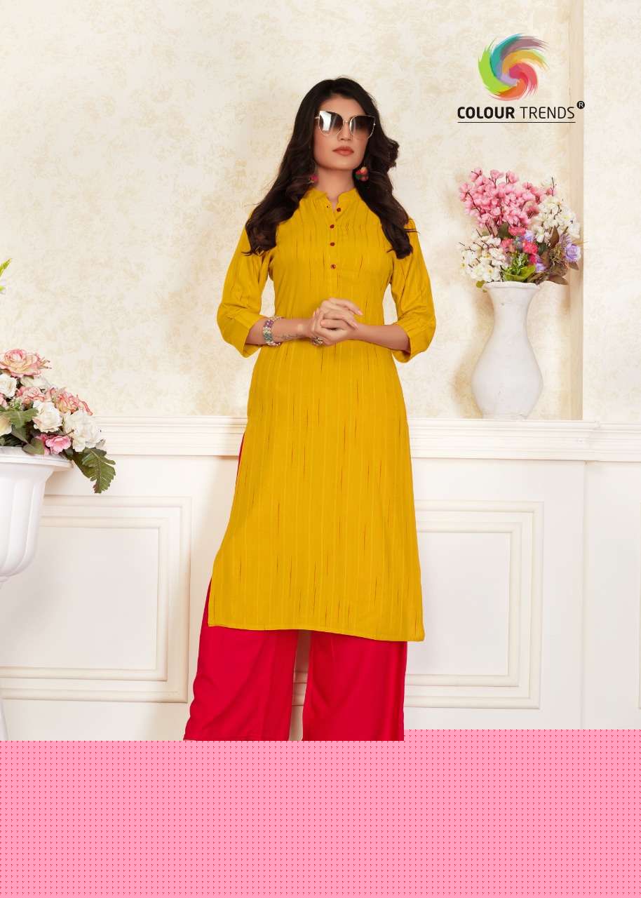HASHTAG VOL-3 BY COLOUR TRENDS 101 TO 106 SERIES STYLISH FANCY COLORFUL COLLECTION CASUAL WEAR & ETHNIC WEAR DOBBY RAYON SLUB KURTIS WITH BOTTOM AT WHOLESALE PRICE