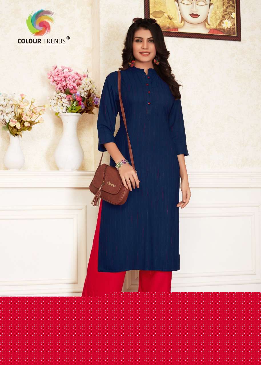 HASHTAG VOL-3 BY COLOUR TRENDS 101 TO 106 SERIES STYLISH FANCY COLORFUL COLLECTION CASUAL WEAR & ETHNIC WEAR DOBBY RAYON SLUB KURTIS WITH BOTTOM AT WHOLESALE PRICE