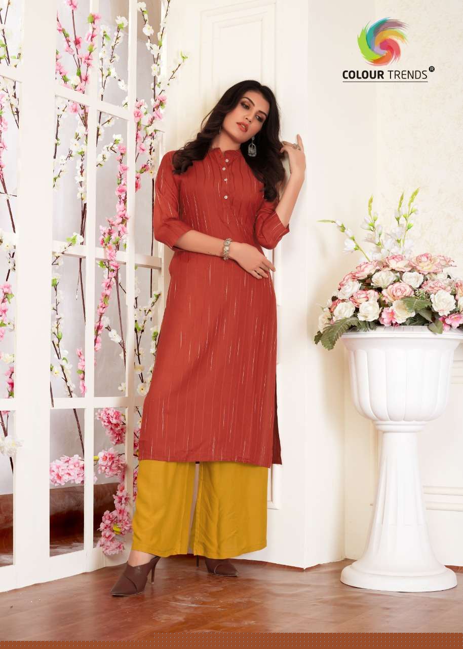 HASHTAG VOL-3 BY COLOUR TRENDS 101 TO 106 SERIES STYLISH FANCY COLORFUL COLLECTION CASUAL WEAR & ETHNIC WEAR DOBBY RAYON SLUB KURTIS WITH BOTTOM AT WHOLESALE PRICE