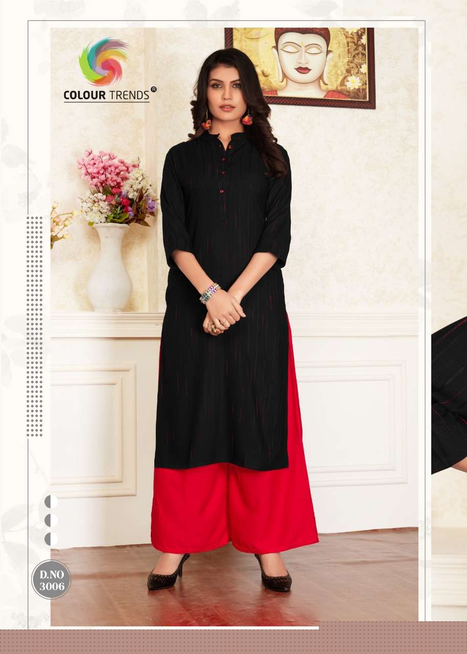 HASHTAG VOL-3 BY COLOUR TRENDS 101 TO 106 SERIES STYLISH FANCY COLORFUL COLLECTION CASUAL WEAR & ETHNIC WEAR DOBBY RAYON SLUB KURTIS WITH BOTTOM AT WHOLESALE PRICE