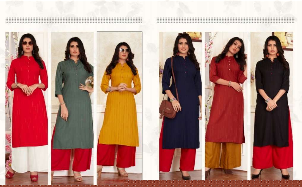 HASHTAG VOL-3 BY COLOUR TRENDS 101 TO 106 SERIES STYLISH FANCY COLORFUL COLLECTION CASUAL WEAR & ETHNIC WEAR DOBBY RAYON SLUB KURTIS WITH BOTTOM AT WHOLESALE PRICE