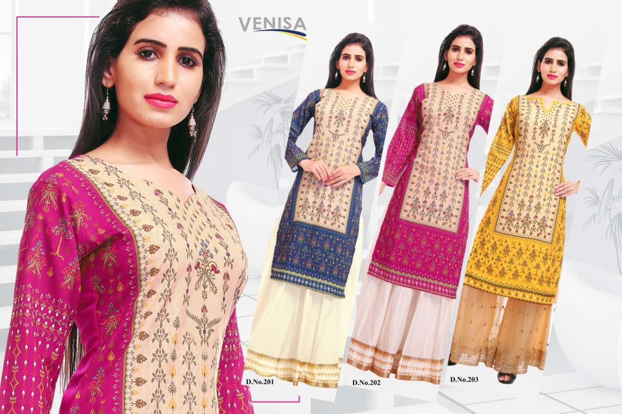 KANIKA VOL-2 BY VENISA 201 TO 203 SERIES DESIGNER BEAUTIFUL STYLISH FANCY COLORFUL CASUAL WEAR & ETHNIC WEAR PREMIUM CRAPE KURTIS AT WHOLESALE PRICE