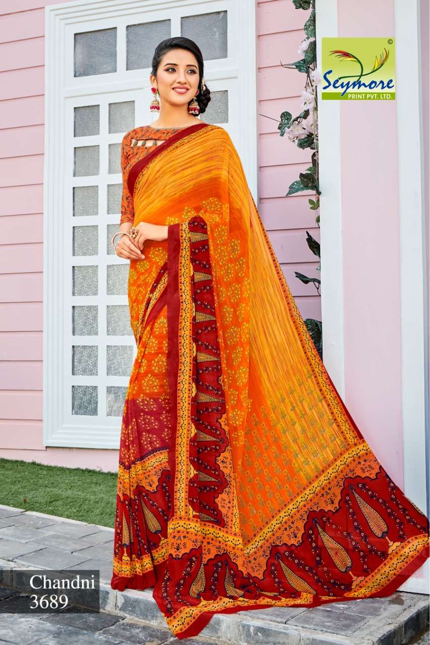 CHANDNI VOL-13C BY SEYMORE PRINTS 3680 TO 3689 SERIES INDIAN TRADITIONAL WEAR COLLECTION BEAUTIFUL STYLISH FANCY COLORFUL PARTY WEAR & OCCASIONAL WEAR GEORGETTE PRINTED SAREES AT WHOLESALE PRICE