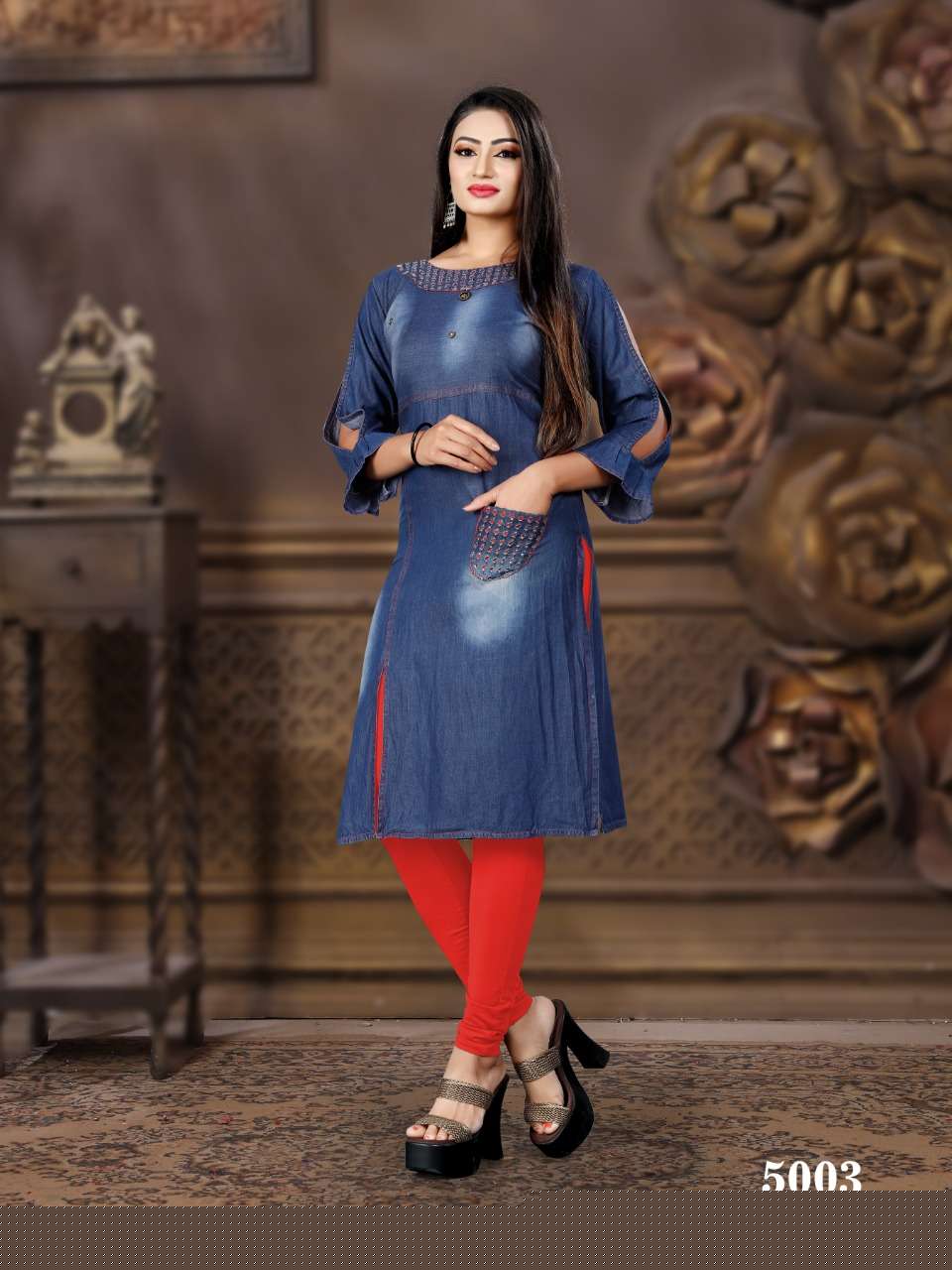 CHOKIDAR VOL-5 BY PRIVAA 5001 TO 5008 SERIES BEAUTIFUL COLORFUL STYLISH FANCY CASUAL WEAR & ETHNIC WEAR & READY TO WEAR DENIM COTTON PRINTED KURTIS AT WHOLESALE PRICE