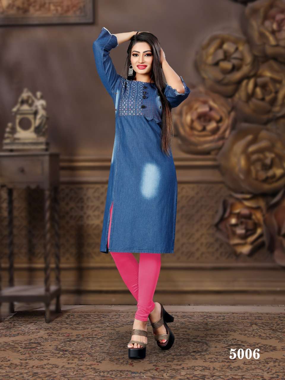 CHOKIDAR VOL-5 BY PRIVAA 5001 TO 5008 SERIES BEAUTIFUL COLORFUL STYLISH FANCY CASUAL WEAR & ETHNIC WEAR & READY TO WEAR DENIM COTTON PRINTED KURTIS AT WHOLESALE PRICE