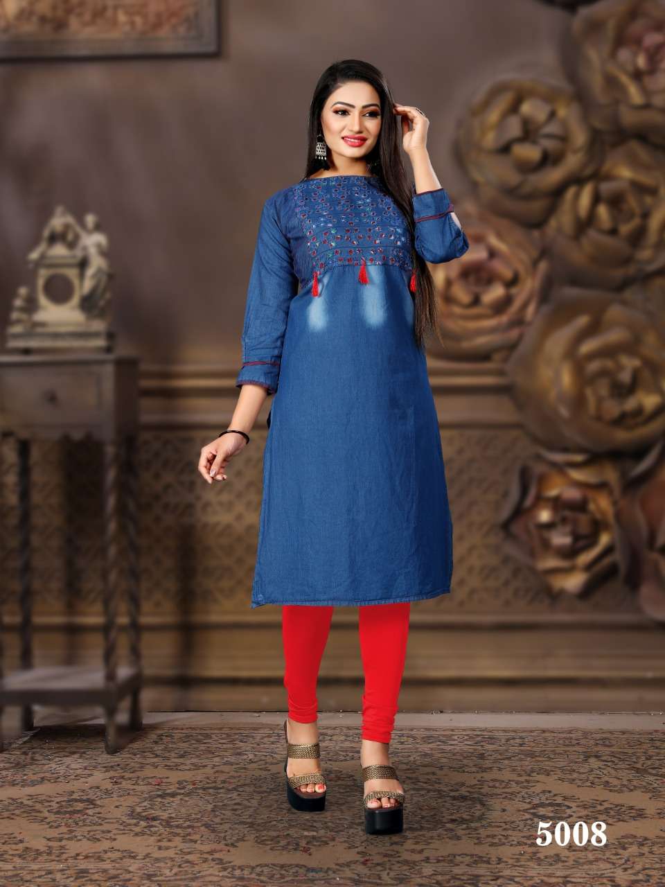 CHOKIDAR VOL-5 BY PRIVAA 5001 TO 5008 SERIES BEAUTIFUL COLORFUL STYLISH FANCY CASUAL WEAR & ETHNIC WEAR & READY TO WEAR DENIM COTTON PRINTED KURTIS AT WHOLESALE PRICE
