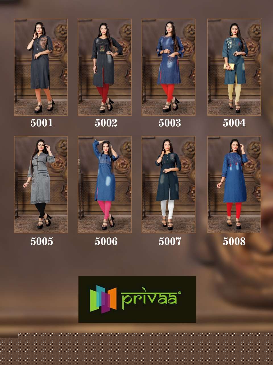 CHOKIDAR VOL-5 BY PRIVAA 5001 TO 5008 SERIES BEAUTIFUL COLORFUL STYLISH FANCY CASUAL WEAR & ETHNIC WEAR & READY TO WEAR DENIM COTTON PRINTED KURTIS AT WHOLESALE PRICE