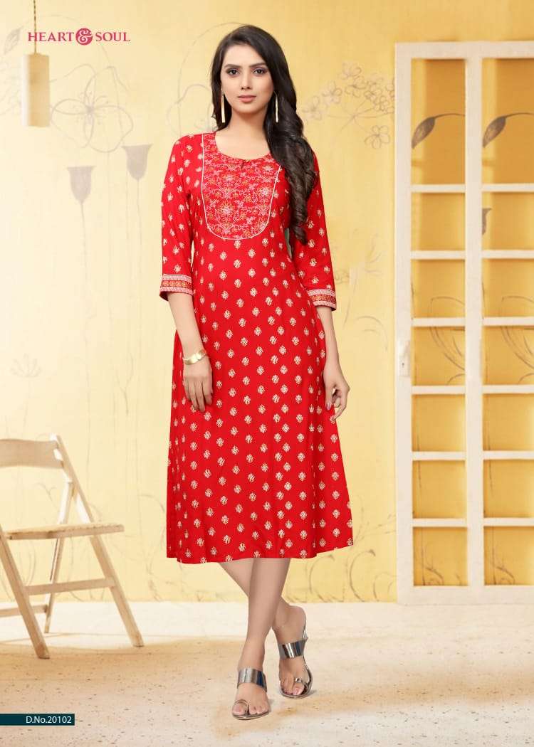 RED STORY BY HEART & SOUL 20098 TO 20102 SERIES BEAUTIFUL COLORFUL STYLISH FANCY CASUAL WEAR & ETHNIC WEAR & READY TO WEAR VISCOSE RAYON KURTIS AT WHOLESALE PRICE