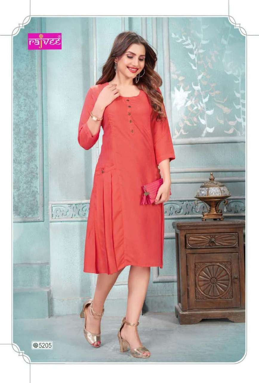 I CON VOL-5 BY RAJVEE 5201 TO 5208 SERIES BEAUTIFUL COLORFUL STYLISH FANCY CASUAL WEAR & ETHNIC WEAR & READY TO WEAR RAYON CROSS KURTIS AT WHOLESALE PRICE
