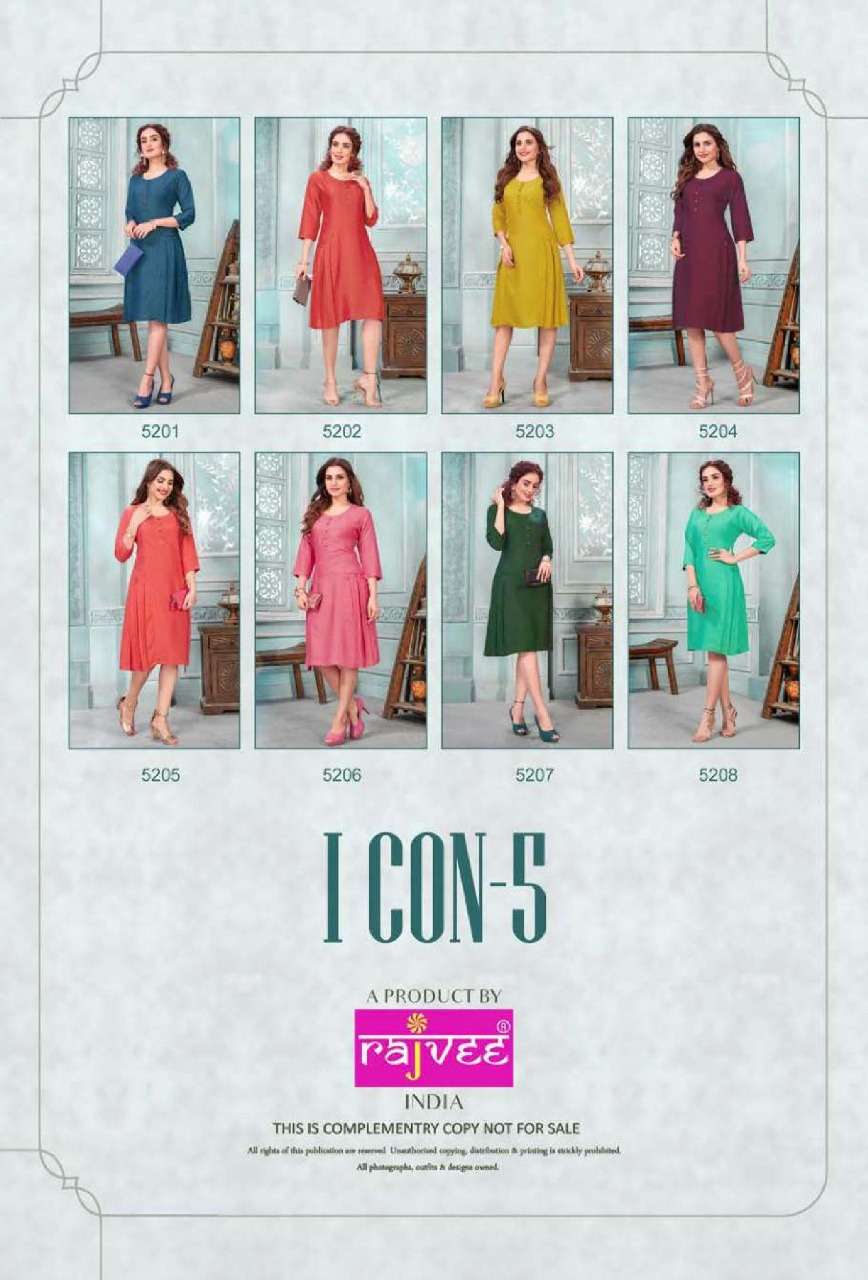 I CON VOL-5 BY RAJVEE 5201 TO 5208 SERIES BEAUTIFUL COLORFUL STYLISH FANCY CASUAL WEAR & ETHNIC WEAR & READY TO WEAR RAYON CROSS KURTIS AT WHOLESALE PRICE