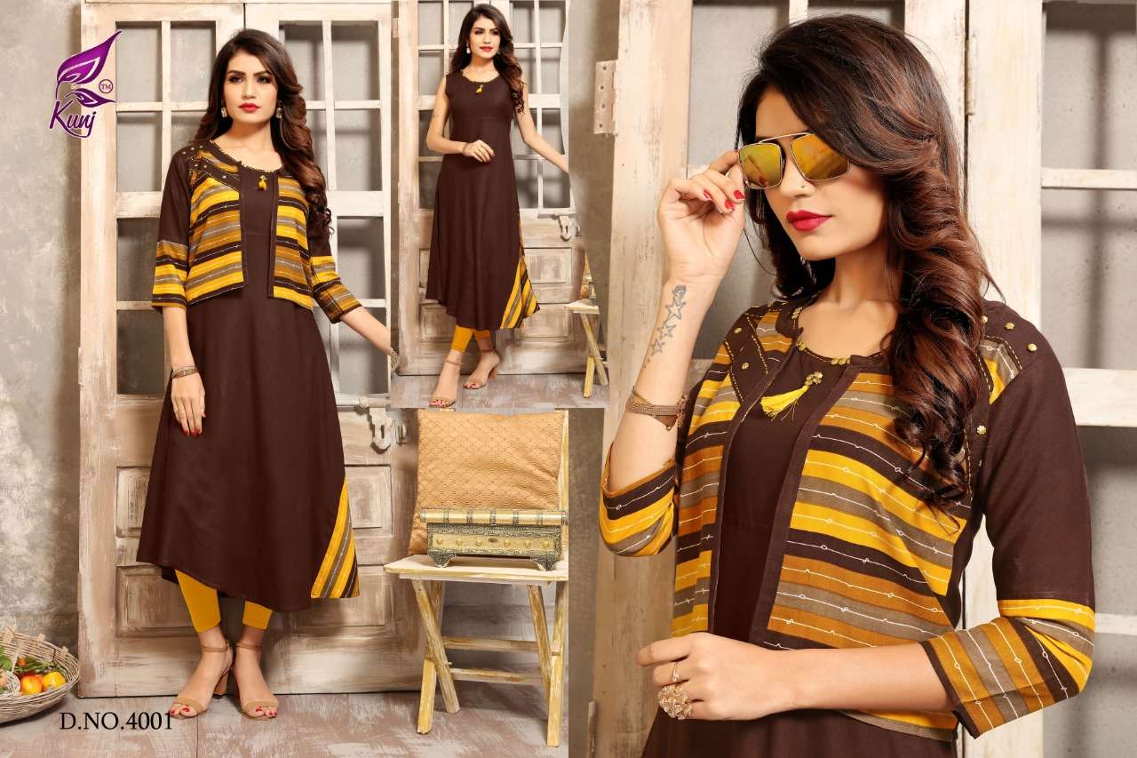 LAHARIYA VOL-4 BY KUNJ 4001 TO 4008 SERIES BEAUTIFUL COLORFUL STYLISH FANCY CASUAL WEAR & ETHNIC WEAR & READY TO WEAR HEAVY RAYON KURTIS AT WHOLESALE PRICE